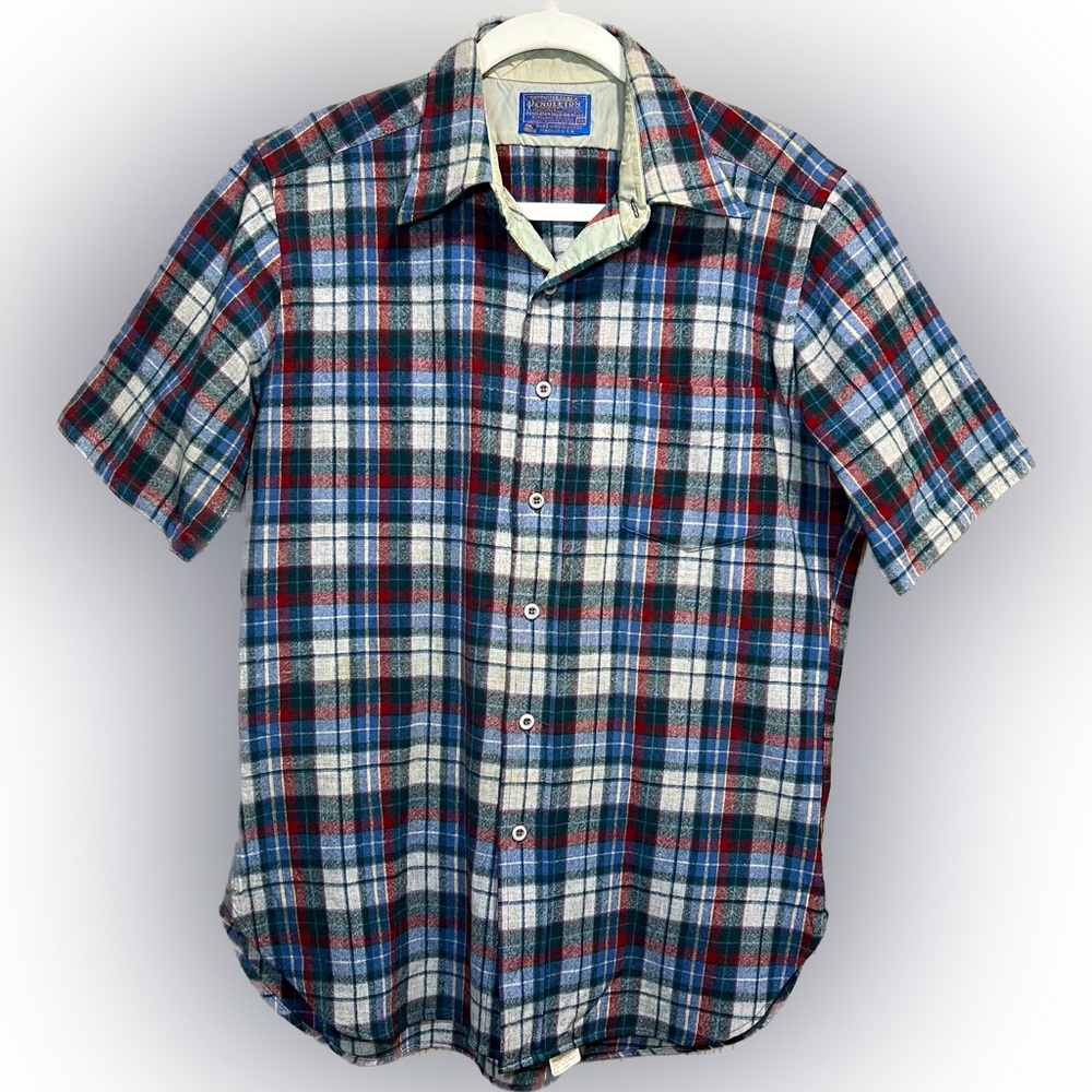 Vintage Pendleton Lodge Wool Shirt Short Sleeve Plaid Men Size M USA MADE